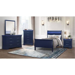 English Elm CHARLSTON Sleigh-Style Full 5PC Bedroom Set with LED Headboard, Solid Wood & Turned Legs Finish Blue 29 L x 22 W x 22 H B201S00319