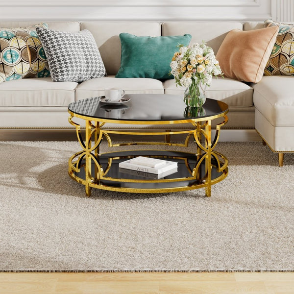 English Elm Round Tempered Glass Coffee Table with Gold Geometric Metal Base and Open Storage Shelf Black N735P396530B