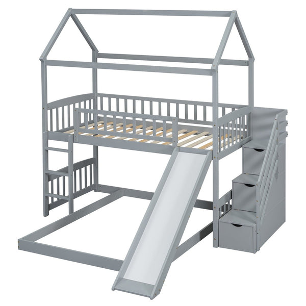 English Elm Twin Over Full Bunk Bed Playhouse Frame with Slide Staircase and Storage Drawers LT100129AAE