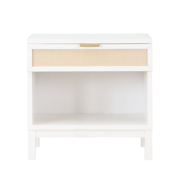 English Elm Blake Coastal Cane 1-Drawer Nightstand in White Solid Wood with Open Shelf, Gold Pull, 28.25"L B050P376944
