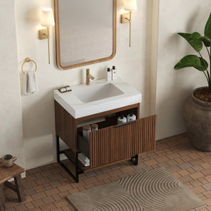 English Elm Yolan 30 Inch Freestanding Bathroom Vanity Plywood Cabinet Sintered Stone Top Oak Finish W2615S00652