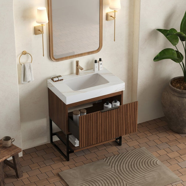 English Elm Yolan 30 Inch Freestanding Bathroom Vanity Plywood Cabinet Sintered Stone Top Oak Finish W2615S00652