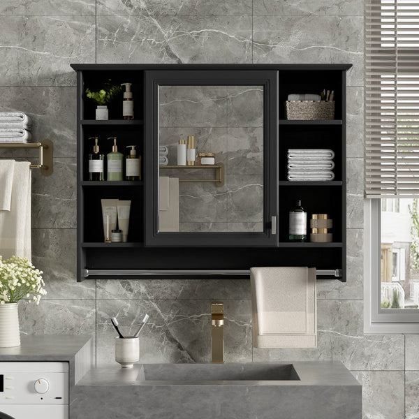 English Elm 3-in-1 Wall Mounted Medicine Cabinet with Soft Close Door Towel Bar and Vanity Mirror Black N710P358618B