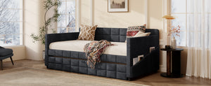 English Elm Modern Velvet Twin Daybed with Pull Out Trundle and Built in Armrest Storage Pockets Black SF000200AAB