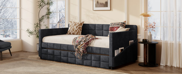 English Elm Modern Velvet Twin Daybed with Pull Out Trundle and Built in Armrest Storage Pockets Black SF000200AAB