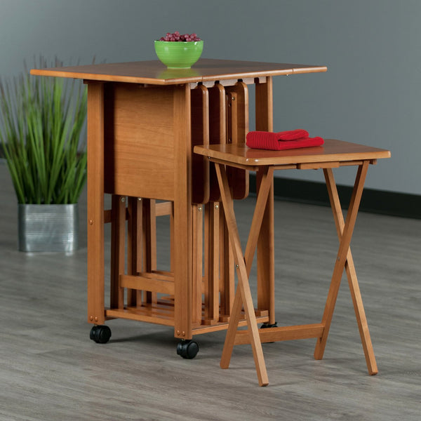 Winsome Wood Sophia 5-piece Snack Table Set With Drop Leaf Top - Teak Wood, Folding Trays & Easy Storage Stand Teak Solid ,Composite Wood 33720-winsome-wood