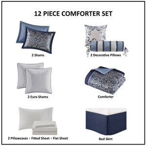 JLA Home Madison Park - 12 Piece Comforter Set with Jacquard Paisley Texture, Reversible Comforter & 100% Cotton Sheets, Elegant Retreat Navy MP10-4696