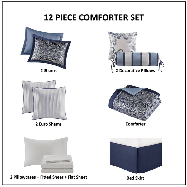 JLA Home Madison Park - 12 Piece Comforter Set with Jacquard Paisley Texture, Reversible Comforter & 100% Cotton Sheets, Elegant Retreat Navy MP10-4696