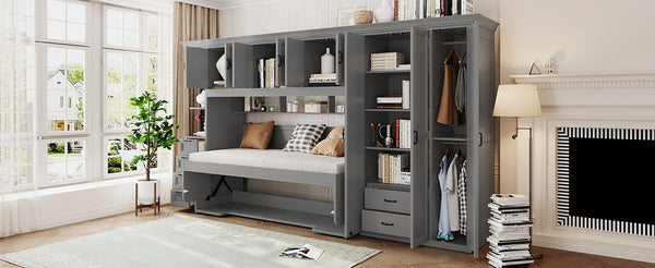 English Elm Twin Murphy Wall Bed with Integrated Desk Wardrobe and Storage Cabinet in White LP000767AAE