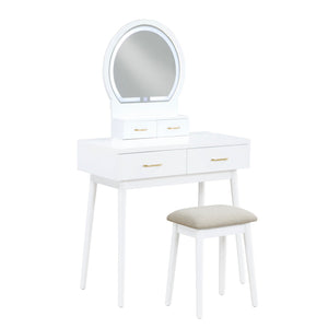 English Elm Beautiful LED Vanity Dresser with Touch Mirror and Padded Stool, Luxe Wood Finish, Brass Pulls, Storage White 33.75 L x 21.75 W x 13.25 H B011P347851