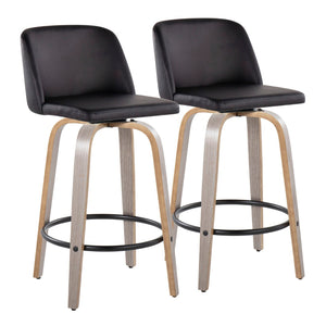 English Elm Toriano 26" Contemporary Counter Stools Set Of 2 With Swivel, Light Grey Wood & Black Faux Leather B202S00423-GIGA