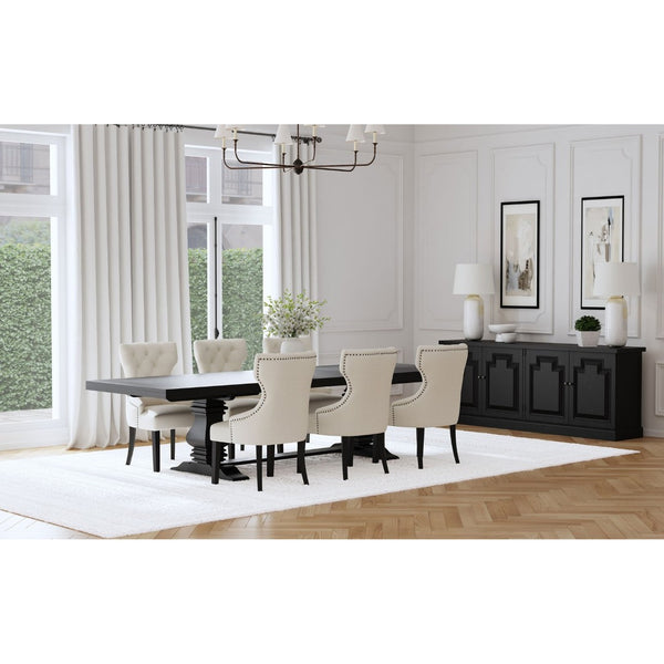English Elm Beige Wingback 7 Piece Dining Set with Tufted Chairs and Trestle Extension Table B062S01814