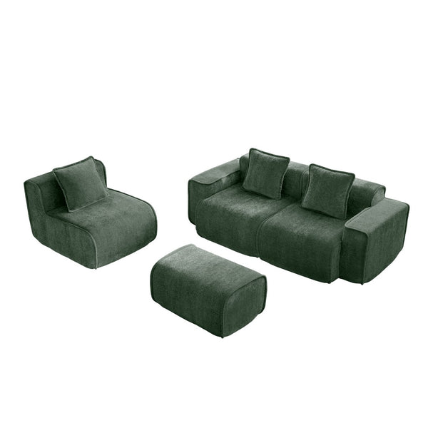 English Elm Streamlined Velvet L-shaped Sectional Sofa with Ottoman and Cloud Cushion Living Room Green W3041S00366
