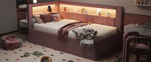 English Elm Upholstered Twin Platform Bed with Trundle, Linen Backrest, Built-In USB Ports & LED Accent Lighting Pink DL001919AAH