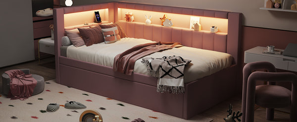 English Elm Upholstered Twin Platform Bed with Trundle, Linen Backrest, Built-In USB Ports & LED Accent Lighting Pink DL001919AAH