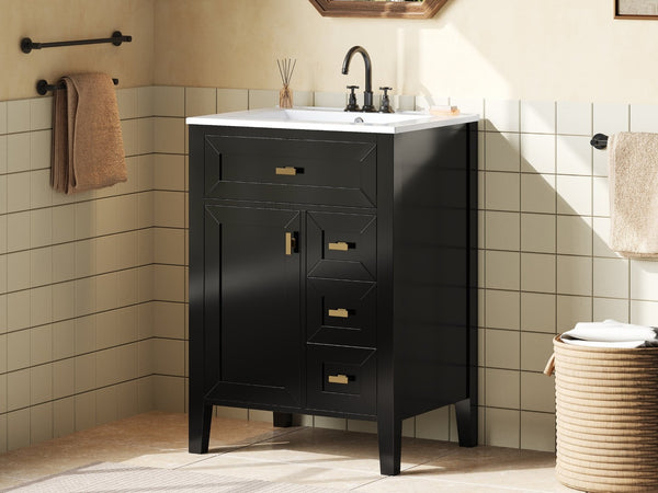 English Elm "24'' 24 Inch Glossy Freestanding Bathroom Vanity with Gold Hardware and Soft Close Storage Black Rubberwood N725P448529B