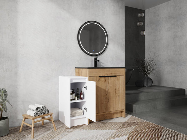 English Elm 42 Inch Freestanding Bathroom Vanity With Black Ceramic Sink, Soft-Close Doors, And Storage Solutions W999S00310