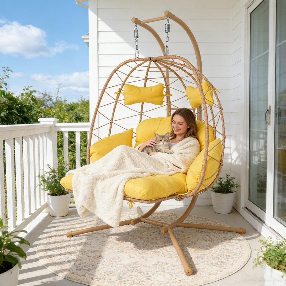 English Elm 2 Person Wicker Hanging Egg Chair with Stand Padded Swing for Patio or Garden T5880P500213