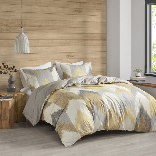 English Elm Full/Queen Alpine Duvet Cover Mini Set — 200TC Cotton Ikat Chevron, OEKO‑TEX, Antimicrobial, Button Closure B03596520