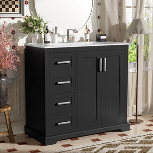 English Elm 36" Modern Bathroom Vanity with Ceramic Sink, Soft-Close Doors, 3 Drawers & Ample Storage for Small Baths Black N729P280194B