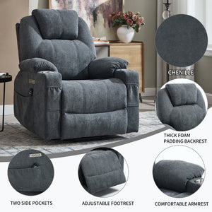 English Elm Up to 350 Lbs Chenille Power Lift Recliner with Massage Heating and Usb Charging Ports Grey W3224S00025