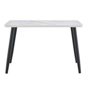 English Elm Modern Marble Look Tempered Glass Dining Table Seats Six with Tapered Black Metal Legs W1151S04621