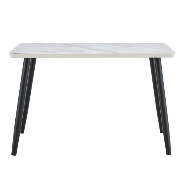 English Elm Modern Marble Look Tempered Glass Dining Table Seats Six with Tapered Black Metal Legs W1151S04621