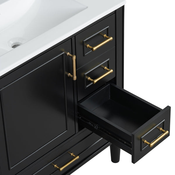 English Elm Traditional 30" Bathroom Vanity with Ceramic Basin, Soft-Close Door & Drawers, Gold Handles, Durable Wood Finish Black N729P184479B