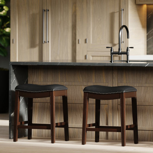 English Elm 26in. Counter Height Hardwood Barstool Nailhead Faux Leather Seat Kitchen Dining Black B2751P436418