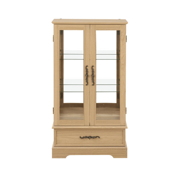 English Elm Glass Lighted Curio Cabinet with Adjustable Glass Shelves, 2 Doors 1 Drawer, Oak Finish, Bulb Included and Anti-Tip Safety Strap for Secure Display of Collectibles W2275P178890