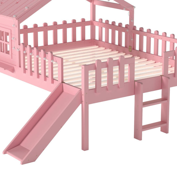 English Elm Twin Playhouse Loft Bed Solid Pine Frame with Slide Led Lights and Star Roof Pink W5316S00006