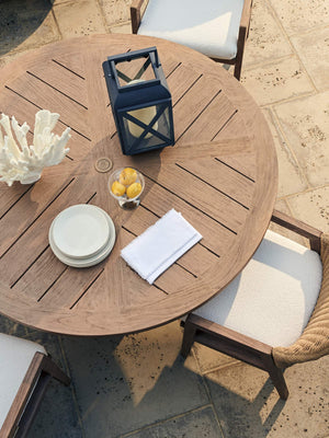 Round Teak Outdoor Dining Table Mid-century Patio Design with Umbrella Pass-through
