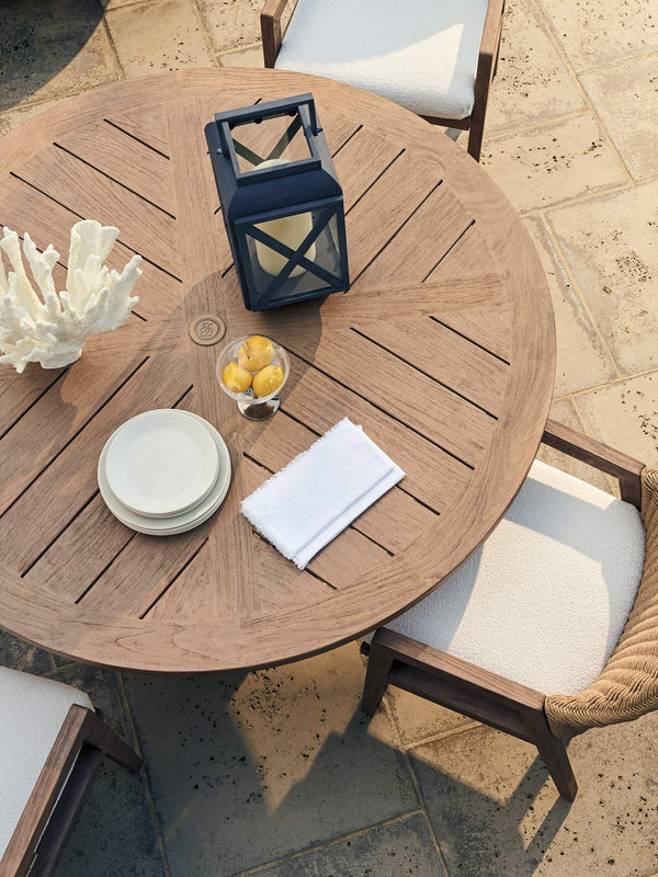 Round Teak Outdoor Dining Table Mid-century Patio Design with Umbrella Pass-through