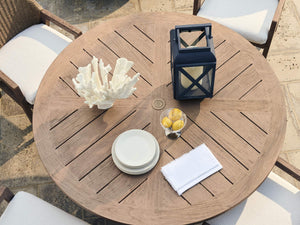 Round Teak Outdoor Dining Table Mid-century Patio Design with Umbrella Pass-through