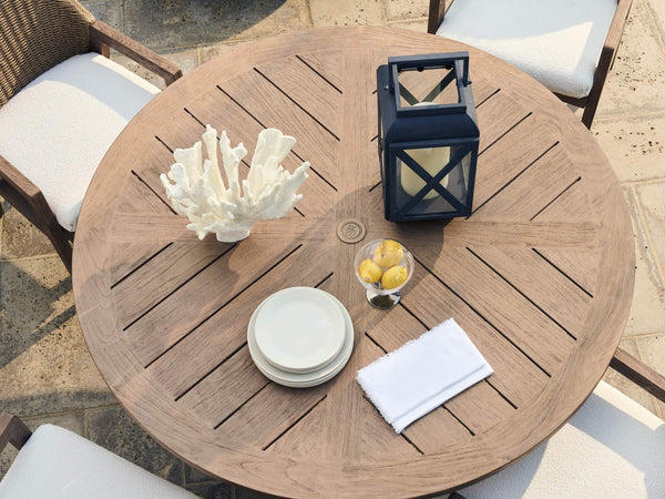 Round Teak Outdoor Dining Table Mid-century Patio Design with Umbrella Pass-through
