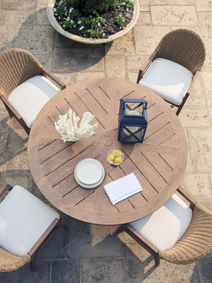 Round Teak Outdoor Dining Table Mid-century Patio Design with Umbrella Pass-through