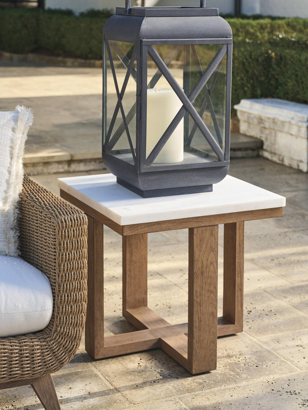Square Teak and White Agate Stone End Table with Woven Accents for Modern Living
