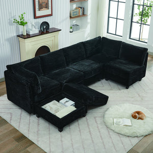 English Elm Corduroy Plush U-Shaped Sectional Sofa with Storage Ottoman, Pet-Friendly Durable Modular Comfort Black W2915S00063