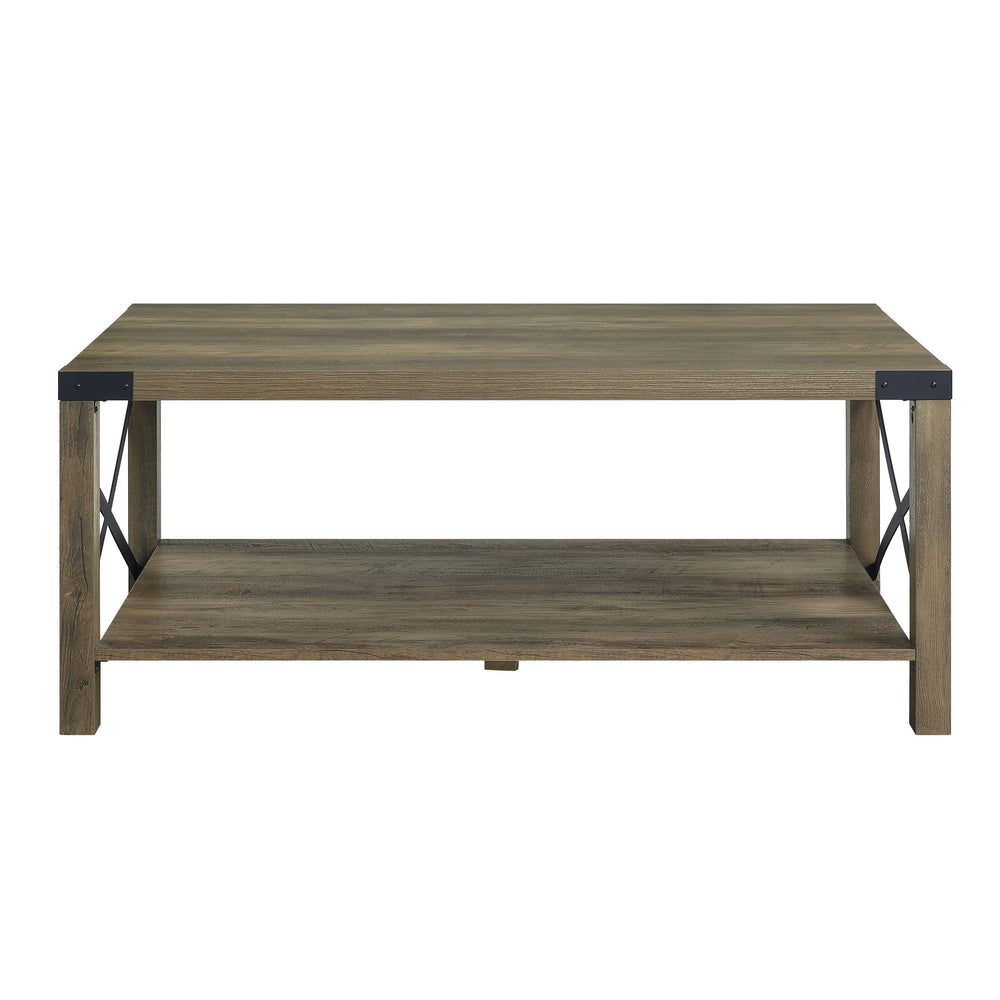 English Elm Abiram Rustic Oak Coffee Table with X-Slat Design, 40mm Top, Metal Frame, Open Shelf, 44x24x14" B2726P288768