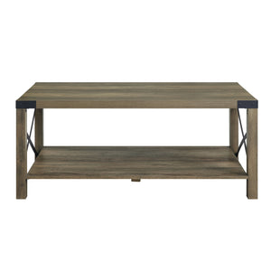 English Elm Abiram Rustic Oak Coffee Table with X-Slat Design, 40mm Top, Metal Frame, Open Shelf, 44x24x14" B2726P288768