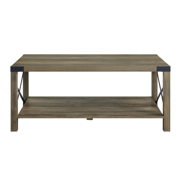 English Elm Abiram Rustic Oak Coffee Table with X-Slat Design, 40mm Top, Metal Frame, Open Shelf, 44x24x14" B2726P288768