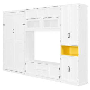 English Elm Twin Murphy Wall Bed with Integrated Tv Stand Open Shelving and Cabinet Storage LP000768AAK