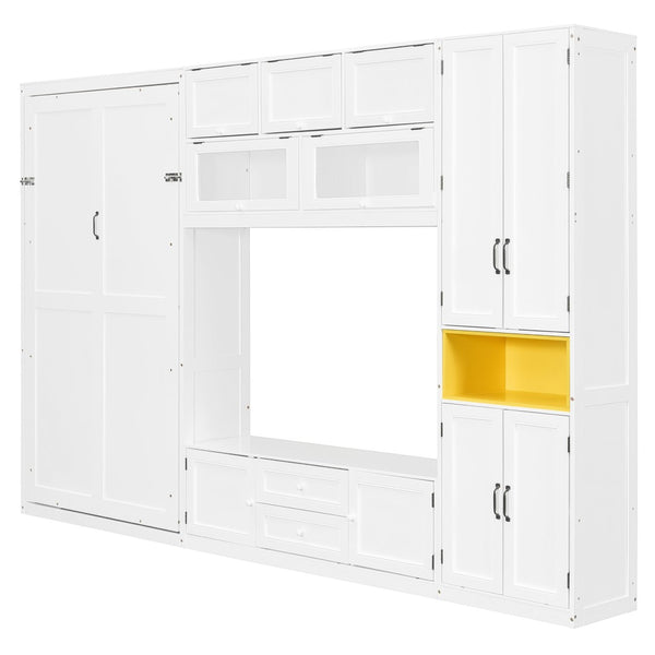 English Elm Twin Murphy Wall Bed with Integrated Tv Stand Open Shelving and Cabinet Storage LP000768AAK