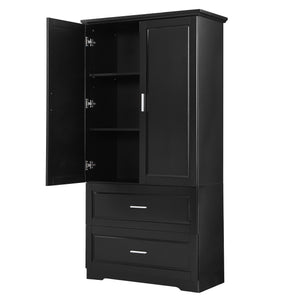 English Elm Tall Bathroom Storage Cabinet – Slim Black MDF Organizer with 2 Doors, 2 Drawers, Adjustable Shelves, Anti-Tip Device N725P172882B