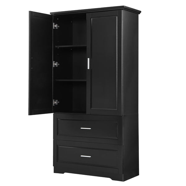 English Elm Tall Bathroom Storage Cabinet – Slim Black MDF Organizer with 2 Doors, 2 Drawers, Adjustable Shelves, Anti-Tip Device N725P172882B