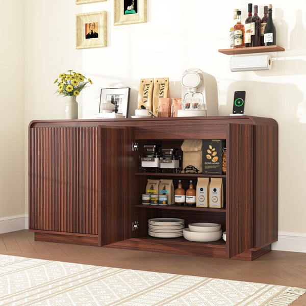 English Elm Black Fluted Wave Door Media Console with Built-in Power Outlet and Adjustable Shelving Walnut W409P452058