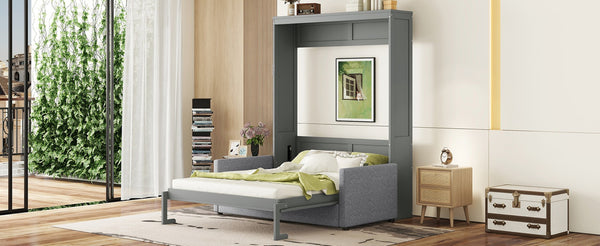 English Elm Queen Murphy Bed with Linen Cushion Sofa Folds Flat for Studio or Guest Room Gray LP000891AAE-1
