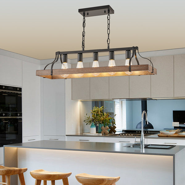 English Elm 34-Inch Industrial Pendant Light with 5 E26 Sockets, Adjustable Chain, Iron Linear Chandelier for Kitchen Walnut W2312P374834