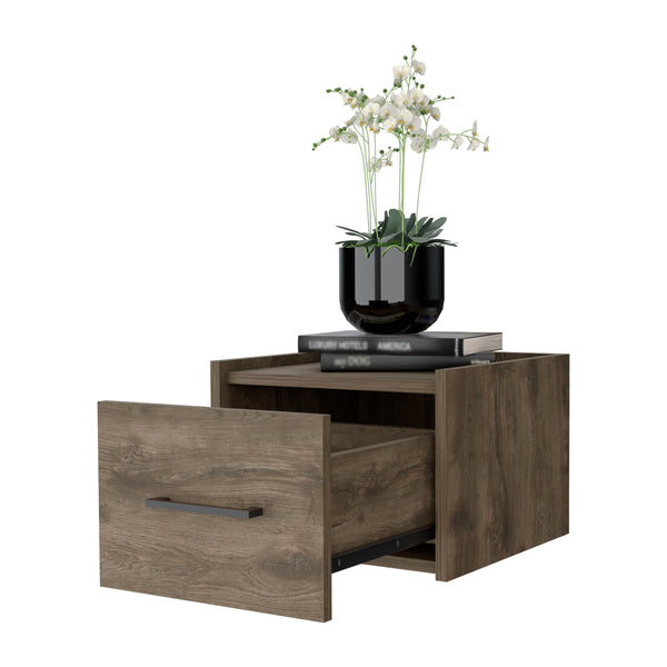English Elm Elfrida Wall-Mounted Nightstand Dark Brown — Sleek Single Drawer, Two-Tier Shelf, Space-Saving Modern Design B128P176107