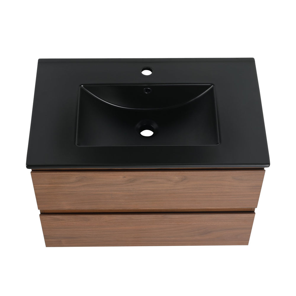 English Elm 30" Wall-Mounted Bathroom Vanity With Black Ceramic Sink & Soft-Close Drawers For Modern Spaces W999S00195